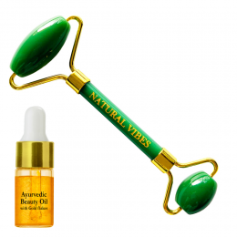 Natural Vibes: Jade Roller & Massager for Face, Neck and Under eye with FREE Gold Beauty Elixir Oil