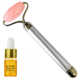 Natural Vibes: Rose Quartz Vibrating Roller with FREE Gold Beauty Elixir Oil for Face, Neck and Under eye [CLONE]