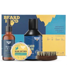 Beardhood: Earthy Tones Beard Oil, Beard Wash, Beard Brush, Beard Softener - Pack of 4