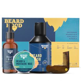 Beardhood: Subtle Citrus Beard Oil, Beard Wash, Beard Comb, Beard & Mustache Wax - Pack of 4