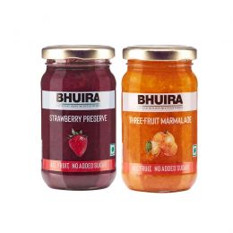 Bhuira: Sugar Free All Natural Jam Strawberry Preserve & Three Fruit Marmalade - Pack of 2 - 240 gm each
