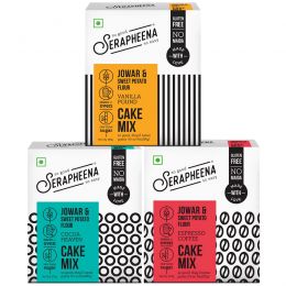 Serapheena: Cocoa Heaven (200gm), Vanilla Pound (185gm) & Espresso Coffee (205gm) Jowar and Sweet Potato Flour Cake Mix - Pack of 3