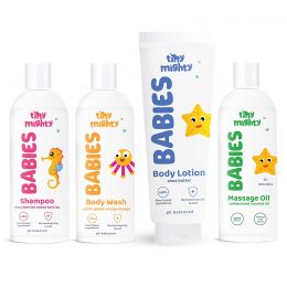 Tiny Mighty: Baby Body Wash, Lotion, Shampoo and Massage Oil, 200 ml Each, For Sensitive Skin,100% Plant Based And Natural