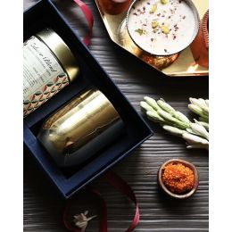 Sukoon: Gift Set - Set Of Brass Candle, Zuhoor Blend Tea And Brass Strainer