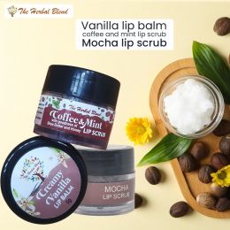 The Herbal Blend: Vanilla Lip Balm (Nude Shade) + Coffee and Mint Lip Scrub + Mocha Lip Scrub