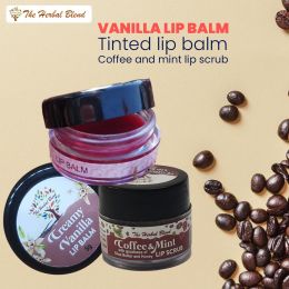 The Herbal Blend: Vanilla lip balm (nude shade) + Tinted Lip Balm (Natural Red) + Coffee and Mint Lip Scrub