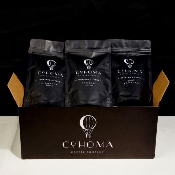 Cohoma Coffee: Variety Sampler Box (Original & Natural Flavoured) - Roasted Coffee (with PureBrew Filter Inside)