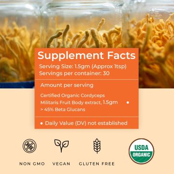 Rooted Active Naturals: Cordyceps Militaris Mushroom Extract powder (45 g) |Energy, Stamina & Endurance | Supports Testosterone, Virility, Lung health, USDA Organic, 20% Beta Glucans
