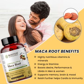 Rooted Active Naturals: Maca Root Extract with Reishi Mushroom (90 Veg Caps, 750 mg) -Stamina, Virility, Hormonal support| Imported from Peru, Certified Organic, Gelatinised