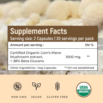 Rooted Active Naturals: Lions Mane mushroom Extract  ( 60 Veg Caps, 500 mg) | Memory, Focus, Brain Powder & Nerve Health. USDA Organic, 38% Beta Glucans