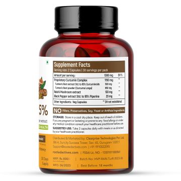 Rooted Active Naturals: Turmeric Curcumin (95%) with Reishi Mushroom extract (for better absorbtion)1300mg, for Immunity, Joints Cardio Health| 60 VEG Capsules, 650 Mg each