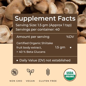 Rooted Active Naturals: Shiitake mushroom Extract Powder (60 g) |Cholesterol, Heart health, Immunity. USDA Organic, 40% Beta Glucans