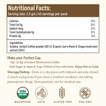 Rooted Active Naturals: Wellness Muhroom Coffee (100 g), Instant Arabica coffee with Superfood Mushrooms (lion's Mane & Chaga - 20%) |Focus, Energy, Immunity & Heart health