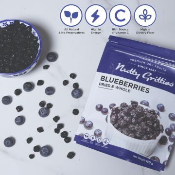 Nutty Gritties: Blueberries Dried & Whole Healthy Snack - 300g (2 Pack of 150g each)