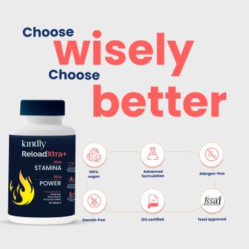 Kindly Health: ReloadXtra+ Horny Goat Weed | Stamina Booster For Men Ayurvedic Ingredients 100% Vegan | Vitamin B12 and Muira Puama | Extra Strength and Energy | 60 Tablets, Pack of 2