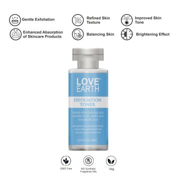 Love Earth: Exfoliation Toner Infused with Glycolic Acid, Mandelic Acid, Lactic Acid, Hyaluronic Acid | 50ml