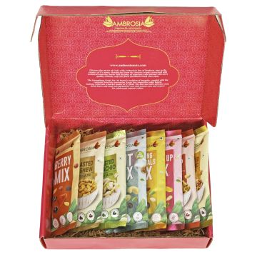 : Ambrosia Dry Fruit Box, 320g - Premium Dryfruit Gift Hamper | Perfect Festive Gift for Loved ones | Gift Hamper | Assorted Mix of Flavoured Nuts & Trail Mix | Morning Essential Trail Mix | Berry Trail Mix | Exotic Nut Trail Mix | Powerup Mix | Roasted Alm