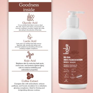 Bake Cosmetics: De-Tan Anti Pigmentation Coffee Body Wash with Kojic Acid, Glycolic Acid, Lactic Acid for Dark Spots, Pigmentation, Tanning & Tan Removal