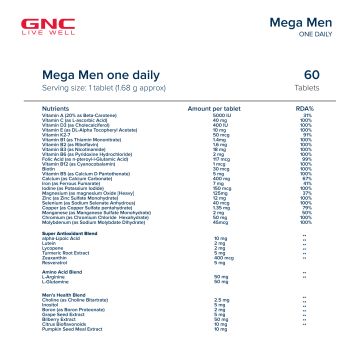GNC: Mega Men One Daily Multivitamin for Men | Formulated In USA | 32 Premium Ingredients | 60 Tablets