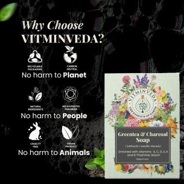 VITMINVEDA: Charcoal & Green Tea Herbal Soap Bar - 125 gm