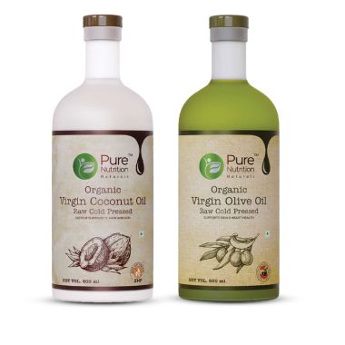 Pure Nutrition: Special Offer -Cold Pressed Raw Virgin Coconut Oil & Cold Pressed Raw Virgin Olive Oil Combo- Glass Bottle - 500ml Each