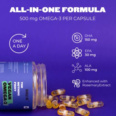 RawRX: Vegan Omega 3, Algal Oil-based DHA (150mg), EPA (30mg) & ALA (100mg) formula - 60 Capsules for Men & Women