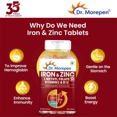 Dr. Morepen: Iron & Zinc Tablets - Immunity & Hemoglobin Booster - 60 Tablets