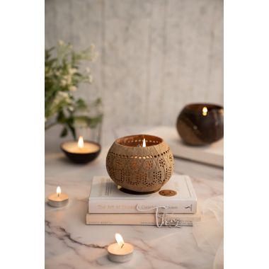 Thenga: 100% Natural Jumbo Hand Carved Coconut Candle Shell Holder - Tropical
