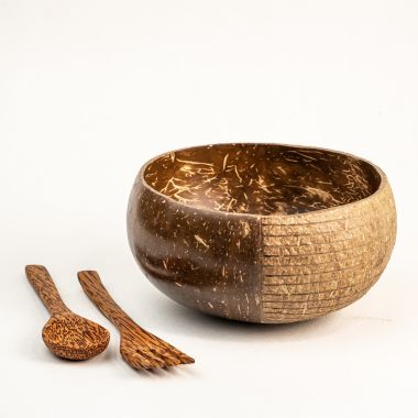 Thenga: Hand Carved Jumbo Coconut Bowl with Spoon & Fork
