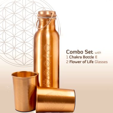 Sarveda: 7 Chakra Plain Copper Water Bottle with 2 Glasses