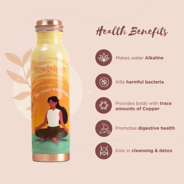 Sarveda: Copper Water Bottle with Cleaning Brush - Orange Light - 1 Litre