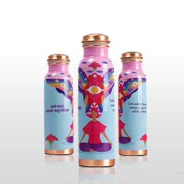 Sarveda: Copper Water Bottle with Cleaning Brush - Pink Noble Thoughts - 1 Litre