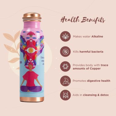 Sarveda: Copper Water Bottle with Cleaning Brush - Pink Noble Thoughts - 1 Litre