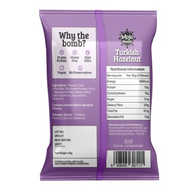 MOJO BAR: Protein bombs - Turkish Hazelnut, 200g (10g Protein) - Pack of 5 | Vegan | Gluten Free