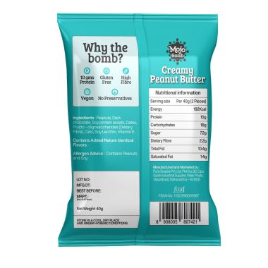 MOJO BAR: Protein Bombs - Creamy Peanut Butter (10G PROTEIN) - Pack of 5, 200g - Vegan | Gluten Free