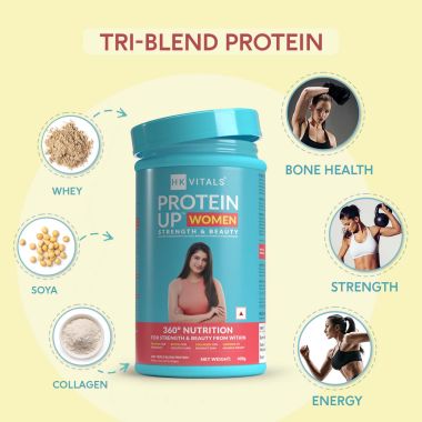 HK Vitals: HealthKart HK Vitals ProteinUp Women, Triple Blend Whey Protein with Collagen & Biotin, for Better Skin, Hair, Strength & Energy (Chocolate, 400 g / 0.88 lb)