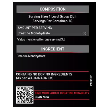 HK Vitals: MuscleBlaze Creatine Monohydrate 250gm, Labdoor USA Certified (Unflavoured, 83 Servings)