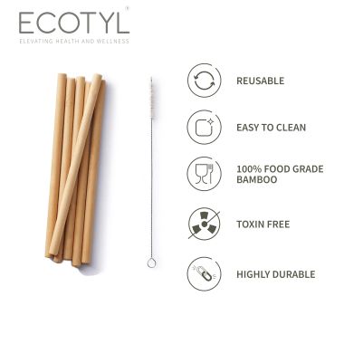 Ecotyl: Bamboo Straws with Cleaning Brush | Set of 6 | Reusable Straws 