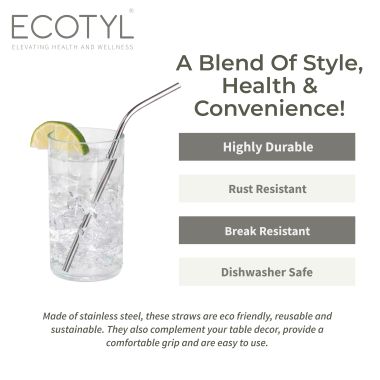 Ecotyl: Stainless Steel Straw Bent with Cleaning Brush | Reusable Straws | Set of 4