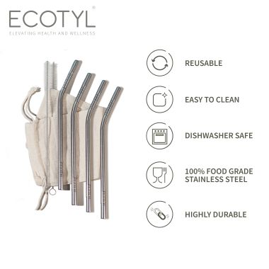 Ecotyl: Stainless Steel Straw Bent with Cleaning Brush | Reusable Straws | Set of 4