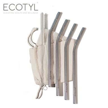 Ecotyl: Stainless Steel Straw Bent with Cleaning Brush | Reusable Straws | Set of 4