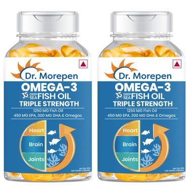 Dr. Morepen: Omega 3 Deep Sea Fish Oil Triple Strength for Healthy Heart, Brain & Joints, 1250mg with 900mg DHA & EPA - 60 Softgels Pack of 2
