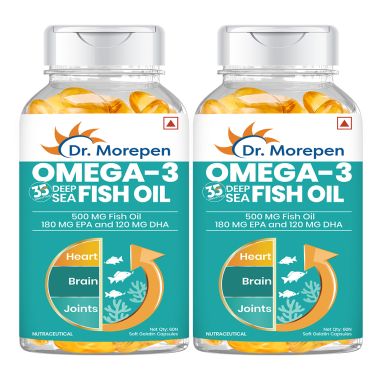 Dr. Morepen: Omega 3 Deep Sea Fish Oil for Healthy Heart, Brain & Joints, 500mg with 300mg DHA & EPA - 60 Softgels Pack of 2