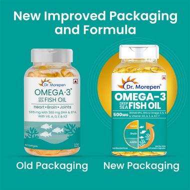Dr. Morepen: Omega 3 Deep Sea Fish Oil for Healthy Heart, Brain & Joints, 500mg with 300mg DHA & EPA - 60 Softgels Pack of 2