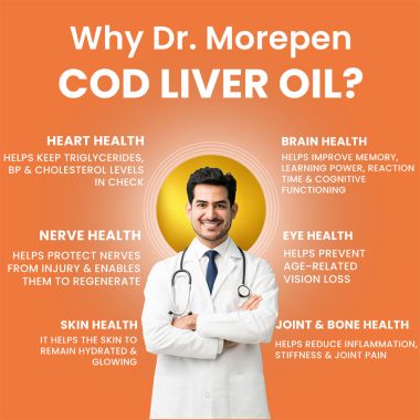 Dr. Morepen: COD Liver Oil Capsules with Natural Omega 3, Vitamin A & D for Healthy Heart, Brain, Eyes & Joints - 100 Softgels Pack of 2