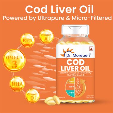 Dr. Morepen: COD Liver Oil Capsules with Natural Omega 3, Vitamin A & D for Healthy Heart, Brain, Eyes & Joints - 100 Softgels Pack of 2