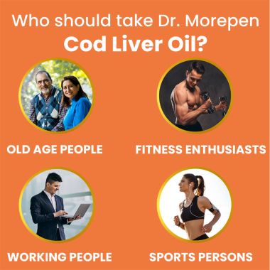 Dr. Morepen: COD Liver Oil Capsules with Natural Omega 3, Vitamin A & D for Healthy Heart, Brain, Eyes & Joints - 100 Softgels Pack of 2