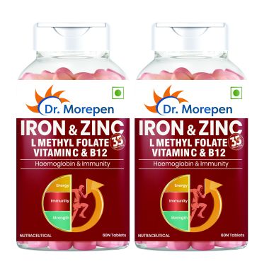 Dr. Morepen: Iron & Zinc Tablets with Vitamin C & B12 for Immunity & Hemoglobin Boost - 60 Veg Tablets Pack of 2