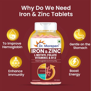 Dr. Morepen: Iron & Zinc Tablets with Vitamin C & B12 for Immunity & Hemoglobin Boost - 60 Veg Tablets Pack of 2