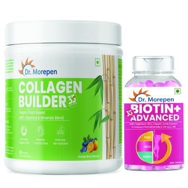 Dr. Morepen: Biotin+ Advanced for Hair Growth, Glowing Skin & Healthy Nails - 60 Veg Tablets  &  Dr. Morepen Natural Collagen Builder, Orange-berry Flavour - 250gm